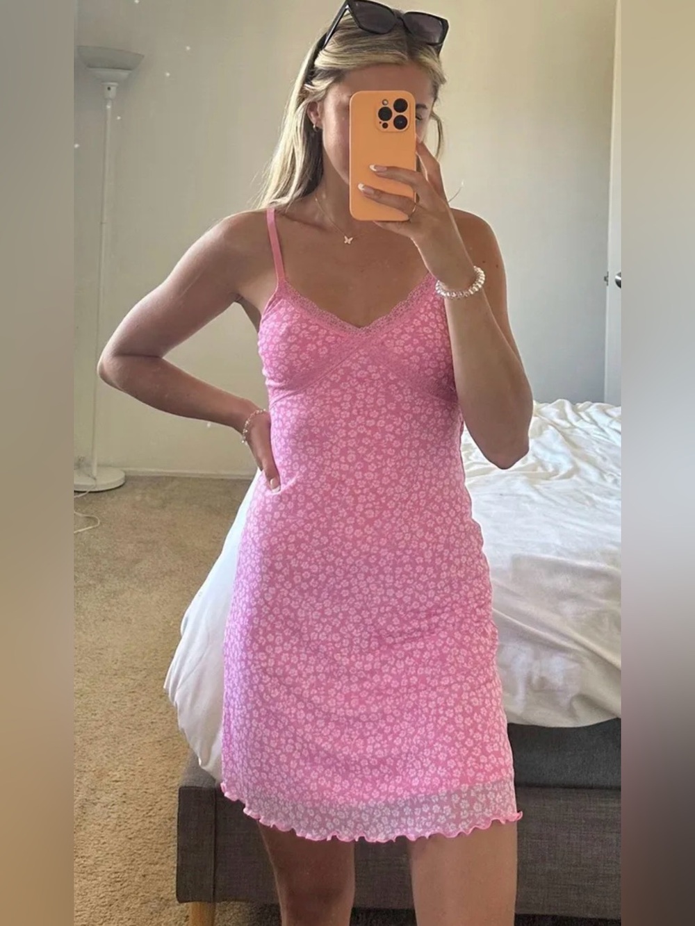 H&M Divided Pink Floral Slip Dress with Lace Trim